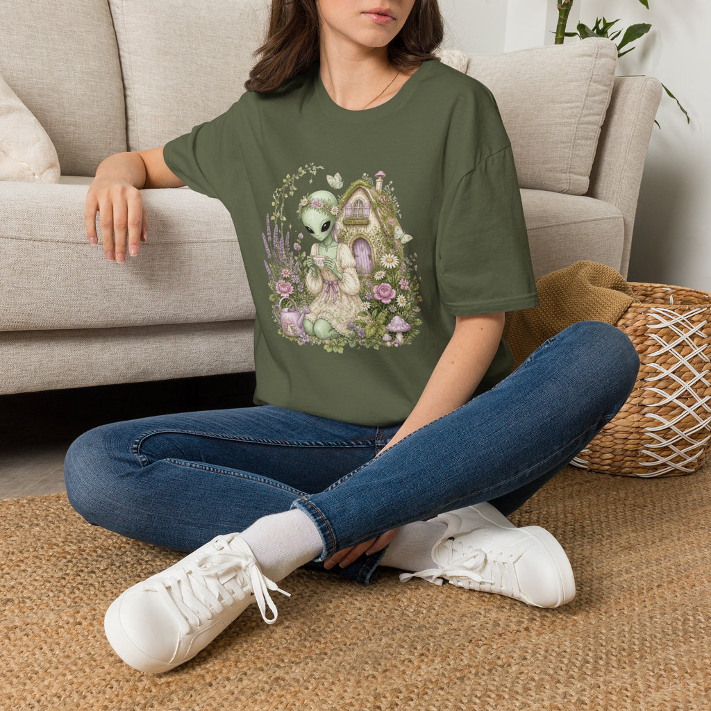 Alien Cottage Tee — Whimsical Floral Alien Garden T-Shirt