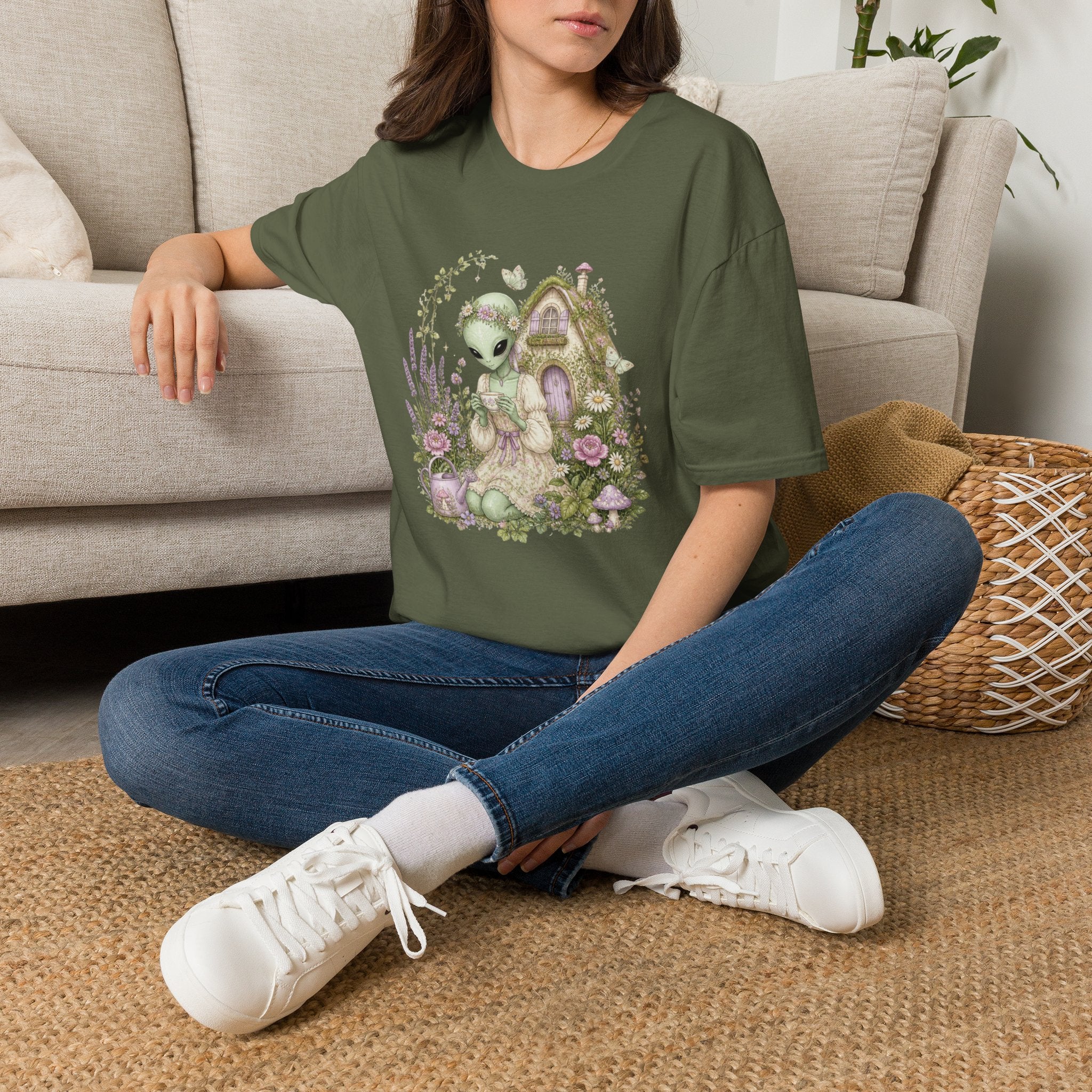 Alien Cottage Tee — Whimsical Floral Alien Garden T-Shirt