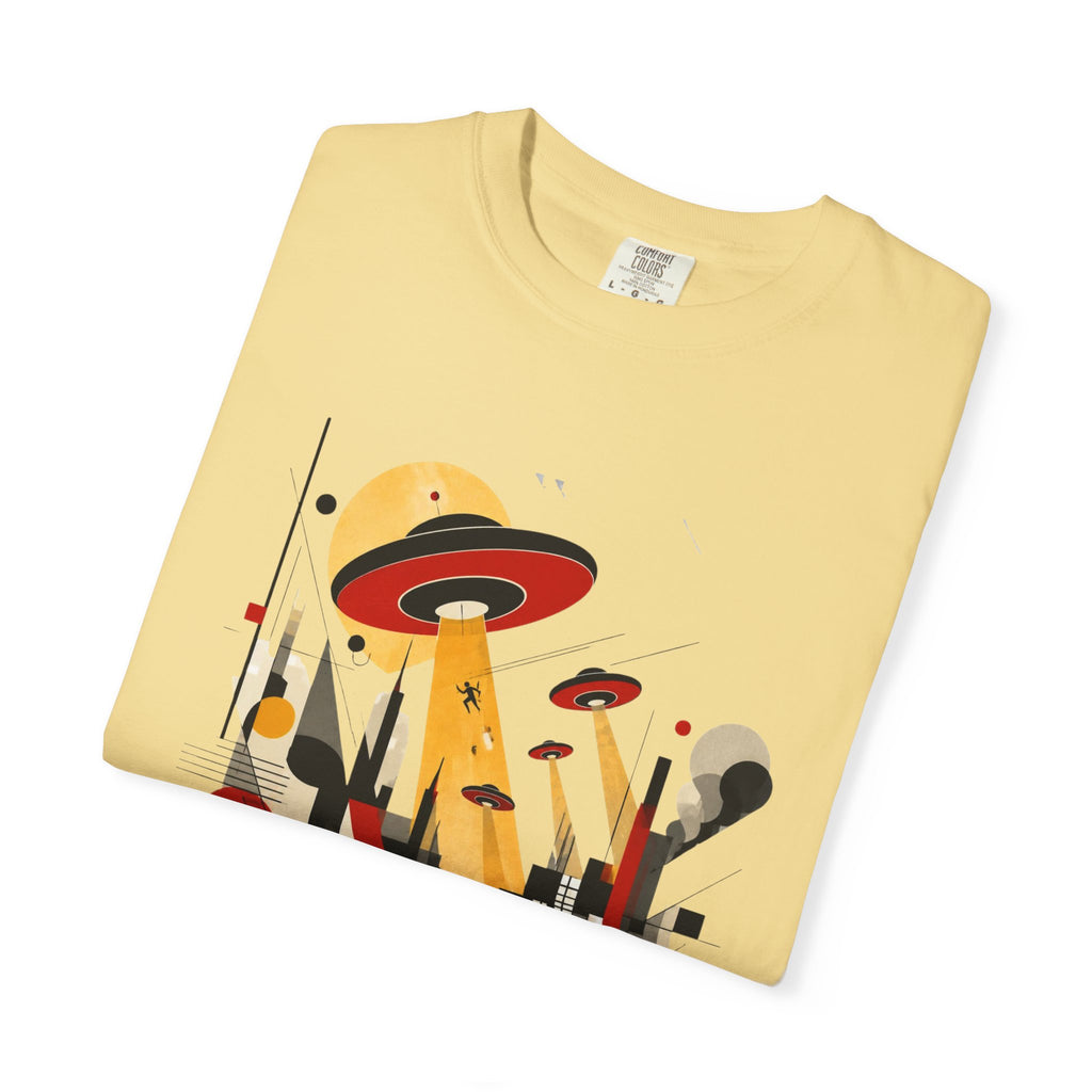 Alien Invasion Bauhaus Graphic T-Shirt — Retro Sci‑Fi Cityscape Design