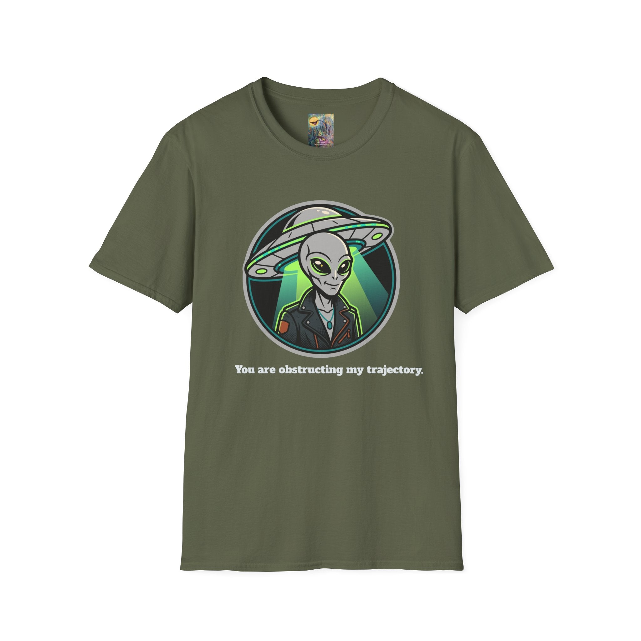 Alien UFO Graphic T-Shirt "You are blocking my trajectory" — Retro Green Extraterrestrial Design
