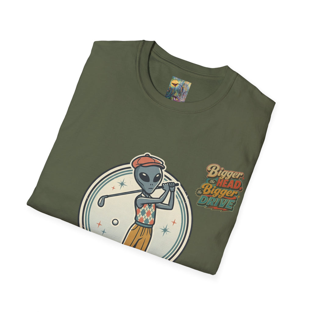 Alien Golfer T‑Shirt : The Bigger the Head, The Bigger the Drive"— Vintage Space Golf Graphic Tee