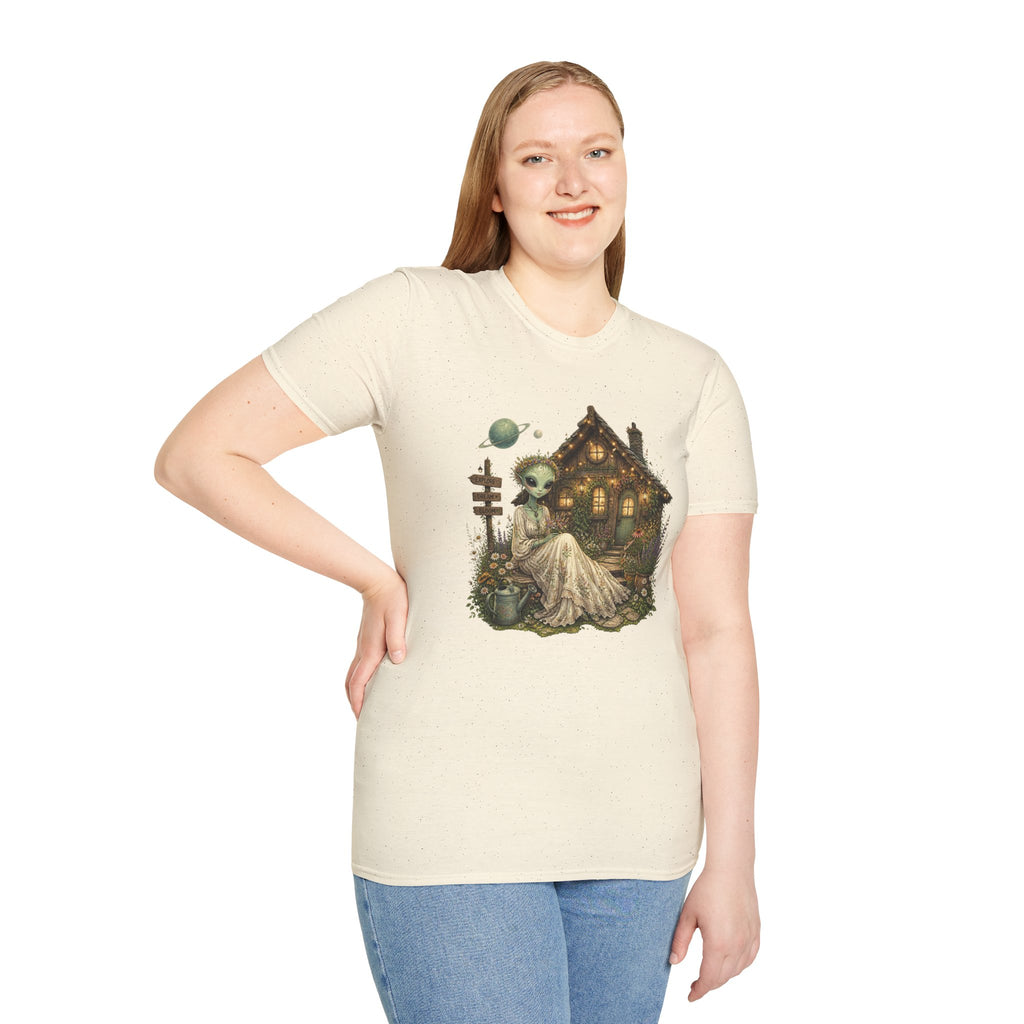 Alien Cottage T-Shirt — Whimsical Extraterrestrial Home Graphic