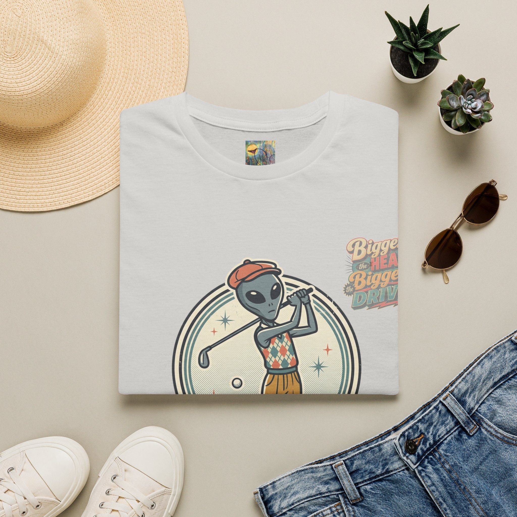 Alien Golfer T‑Shirt : The Bigger the Head, The Bigger the Drive"— Vintage Space Golf Graphic Tee
