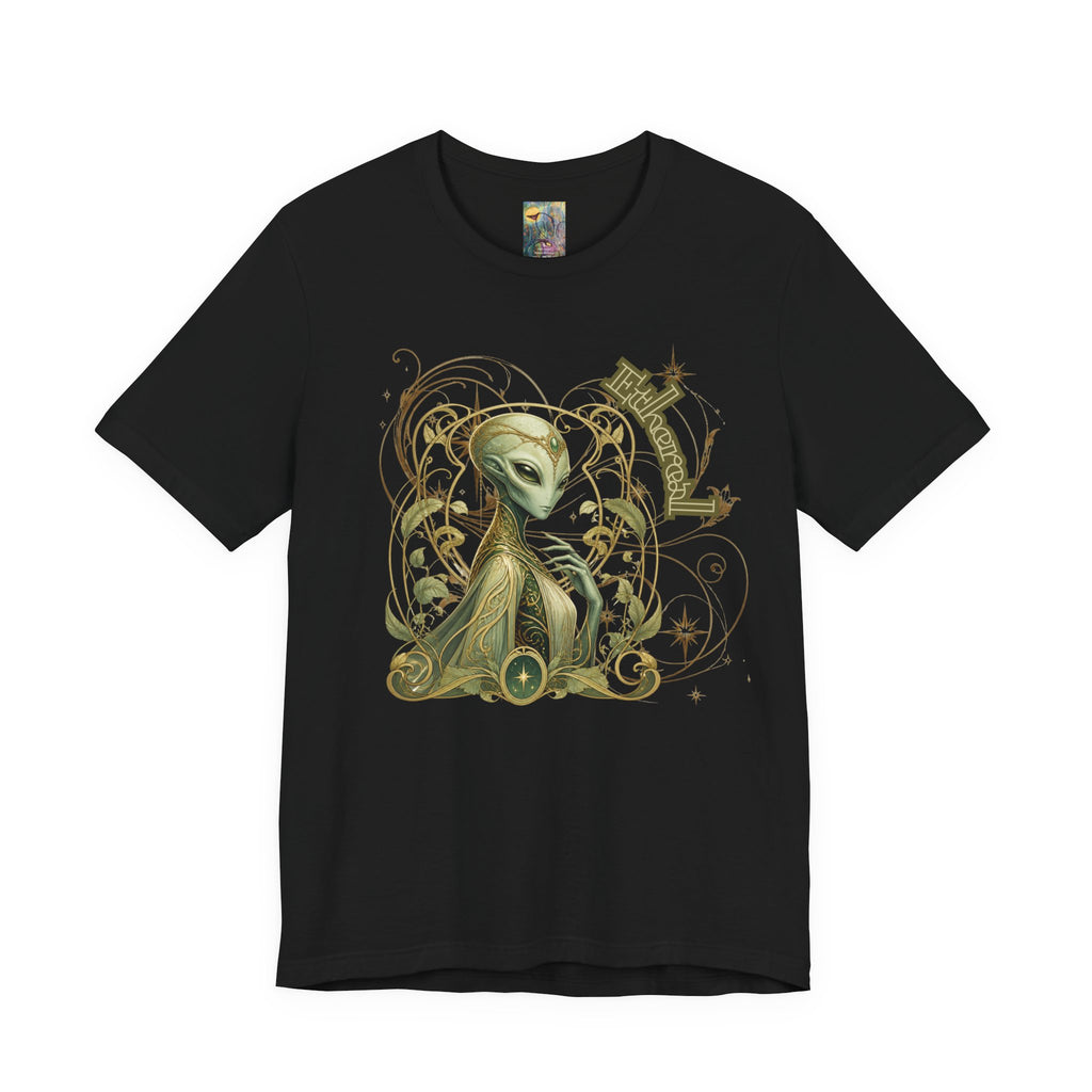 Alien Art Noveau Embrace T-Shirt — Mystical Green Alien Graphic Tee for Sci‑Fi Fans