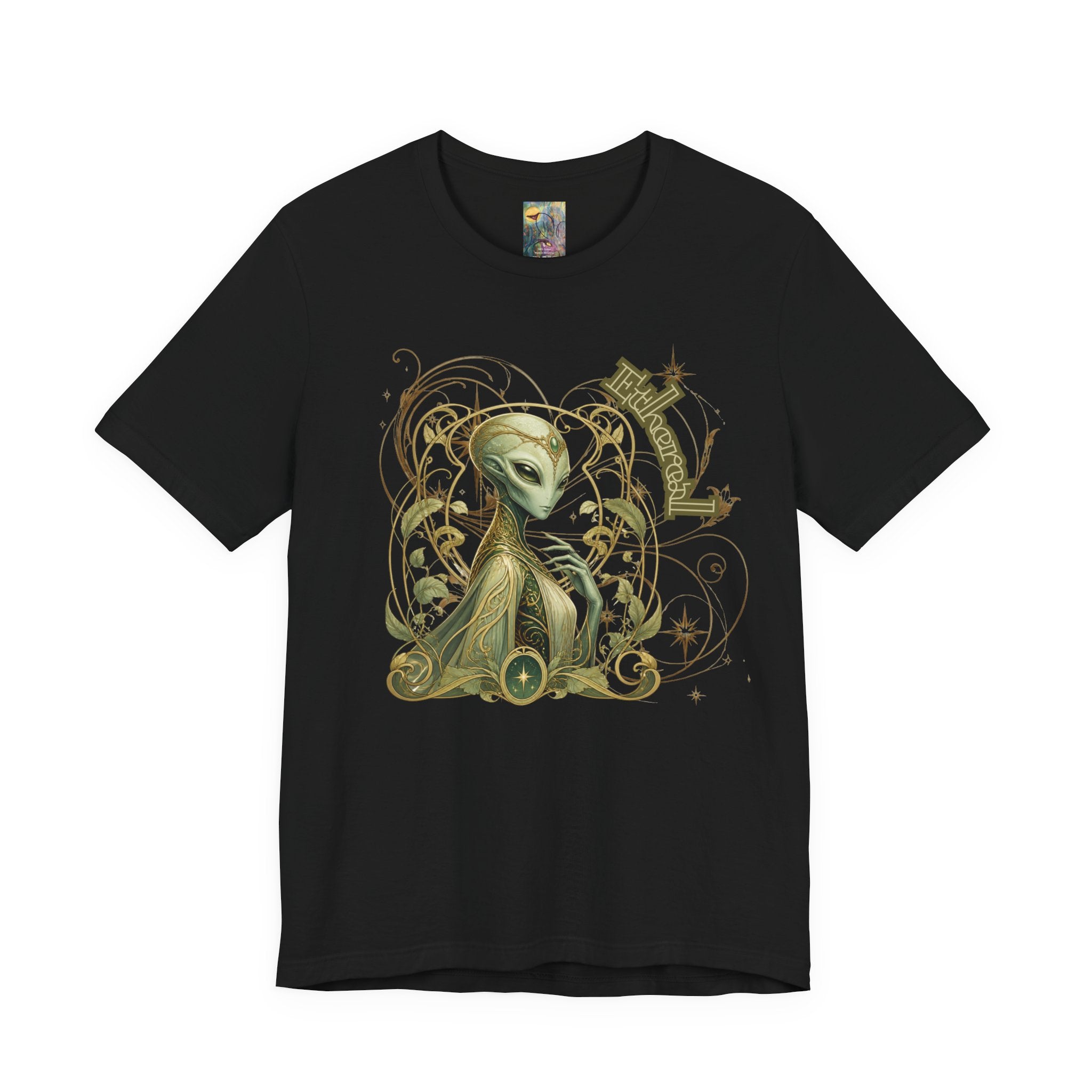 Alien Art Noveau Embrace T-Shirt — Mystical Green Alien Graphic Tee for Sci‑Fi Fans