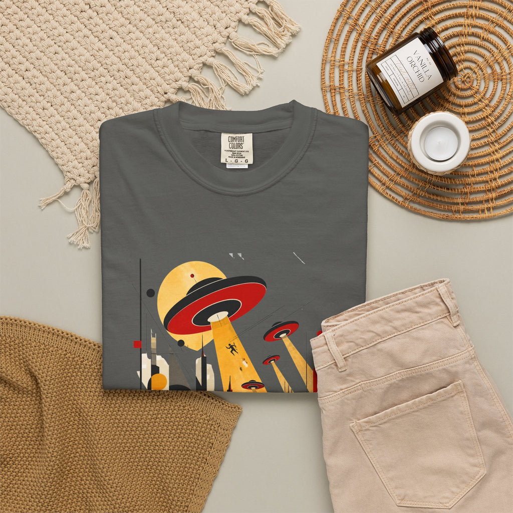 Alien Invasion Bauhaus Graphic T-Shirt — Retro Sci‑Fi Cityscape Design