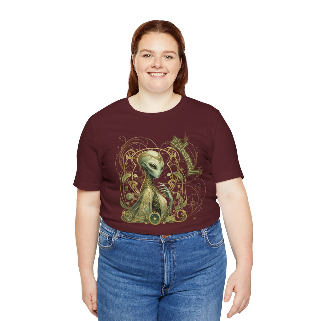 Alien Art Noveau Embrace T-Shirt — Mystical Green Alien Graphic Tee for Sci‑Fi Fans