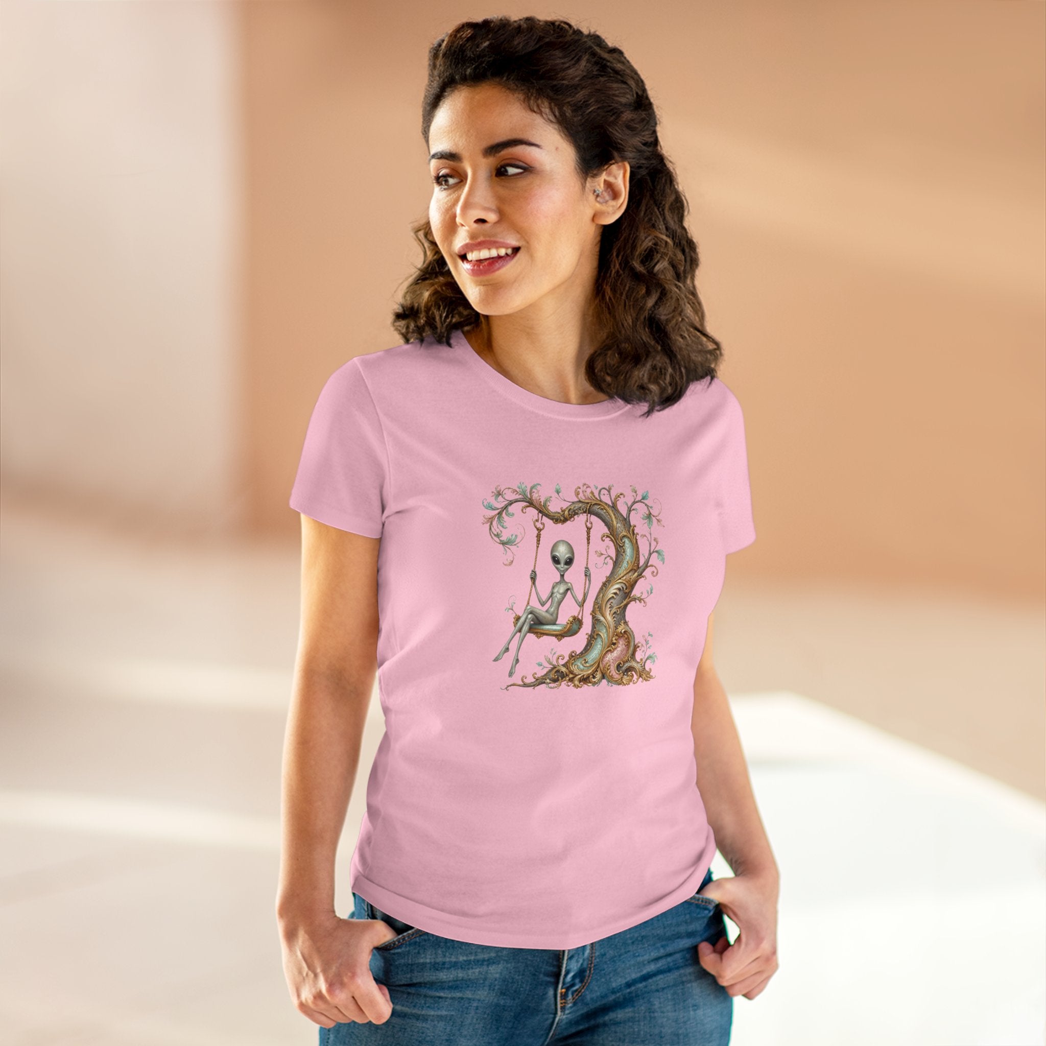 Baroque Alien on Swing T-Shirt — Whimsical Vintage Tree Graphic Tee for Women