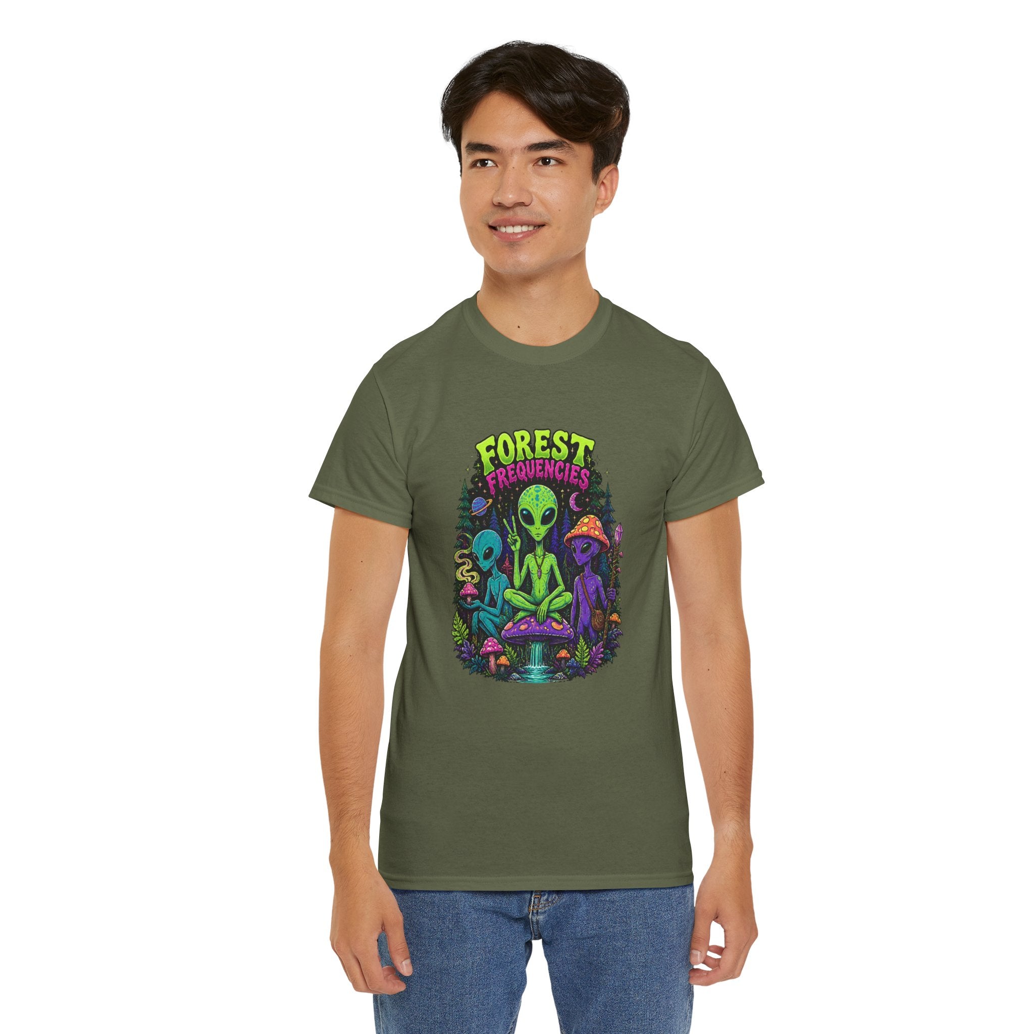 Forest Frequencies Alien T-Shirt — Psychedelic Mushroom Meditation Tee