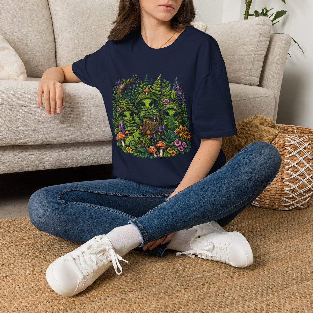 Alien Forest T-Shirt — Cute Green UFO Creatures with Mushrooms & Flowers