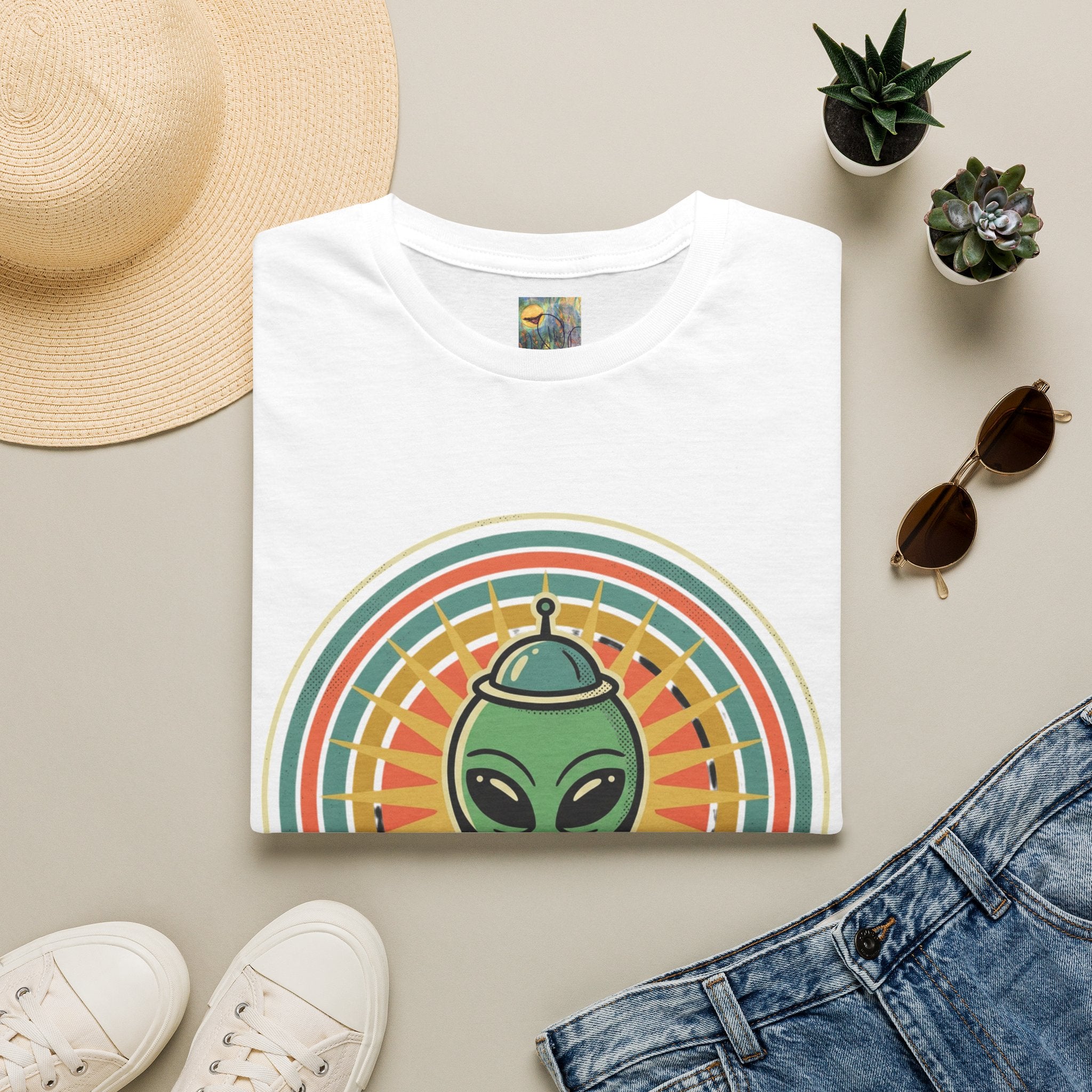 Alien Graphic T-Shirt — Retro Green Alien with Rainbow Halo ("If you can see me you need better tinfoil")