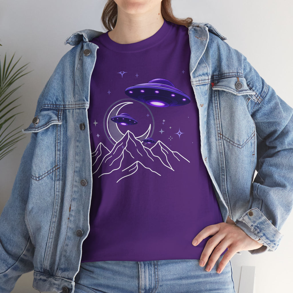 Purple UFO Alien Night Mountain T-Shirt — UFO Crescent Moon Graphic Tee
