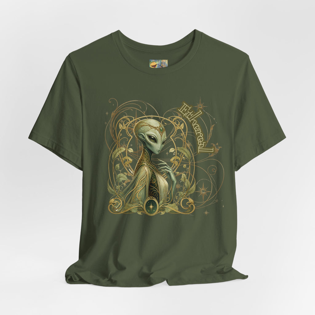 Alien Art Noveau Embrace T-Shirt — Mystical Green Alien Graphic Tee for Sci‑Fi Fans