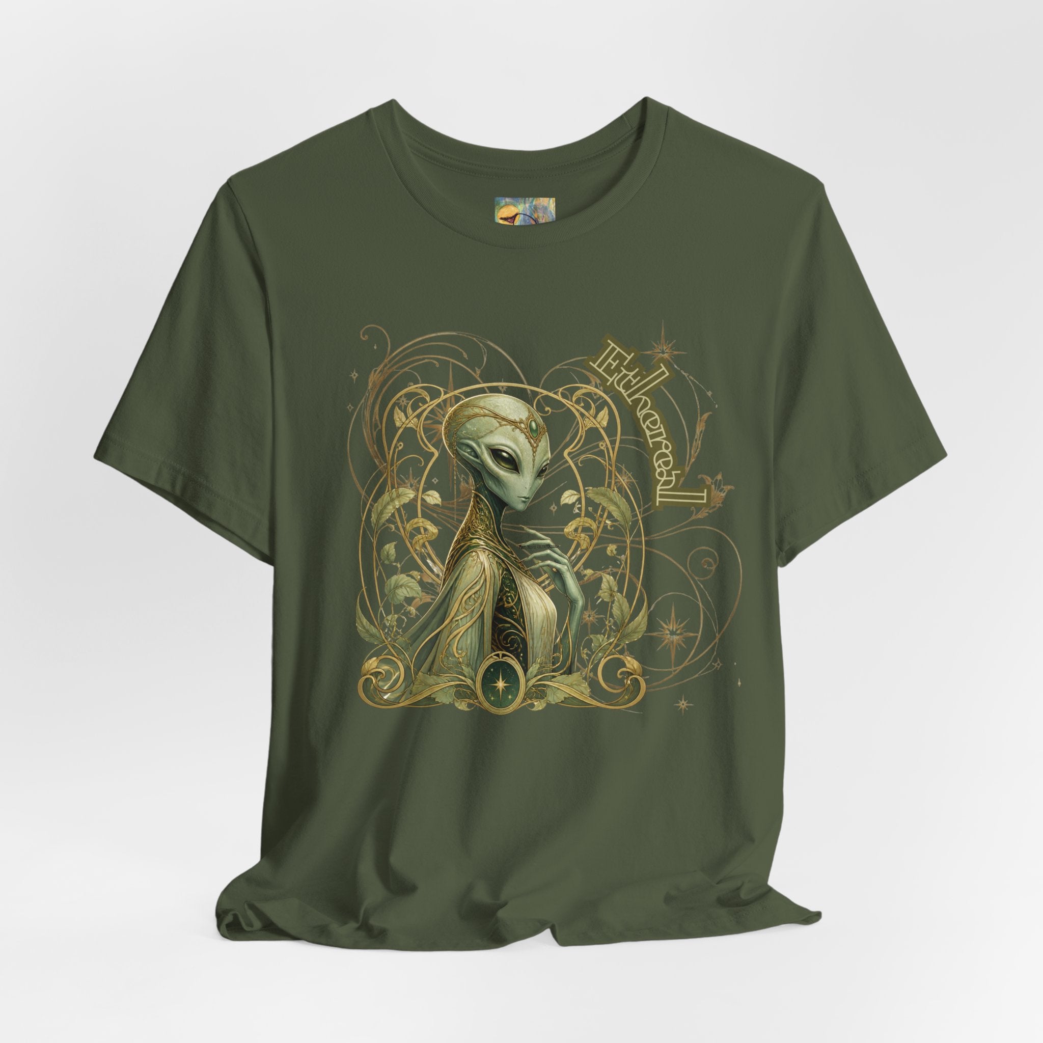 Alien Art Noveau Embrace T-Shirt — Mystical Green Alien Graphic Tee for Sci‑Fi Fans