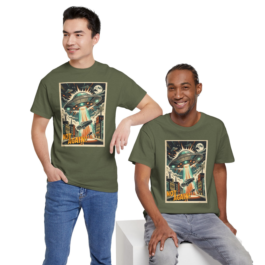 Pop Sci-fi Alien Invasion T-Shirt — Vintage UFO 'Not Again!' Graphic Tee
