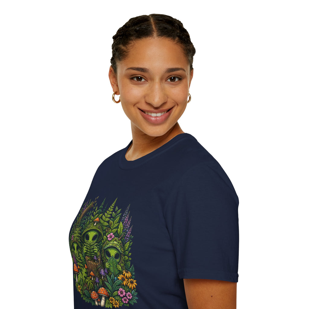 Alien Forest T-Shirt — Cute Green UFO Creatures with Mushrooms & Flowers