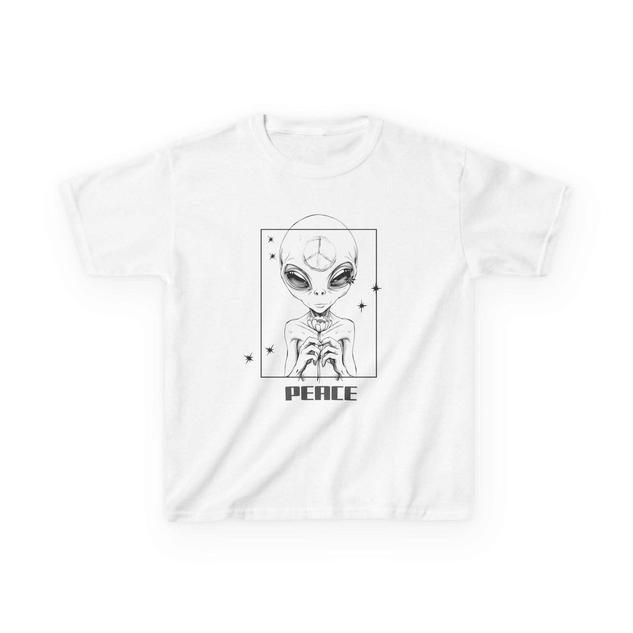 Kids T‑Shirt — Cute Alien Sketch "Peace" Graphic