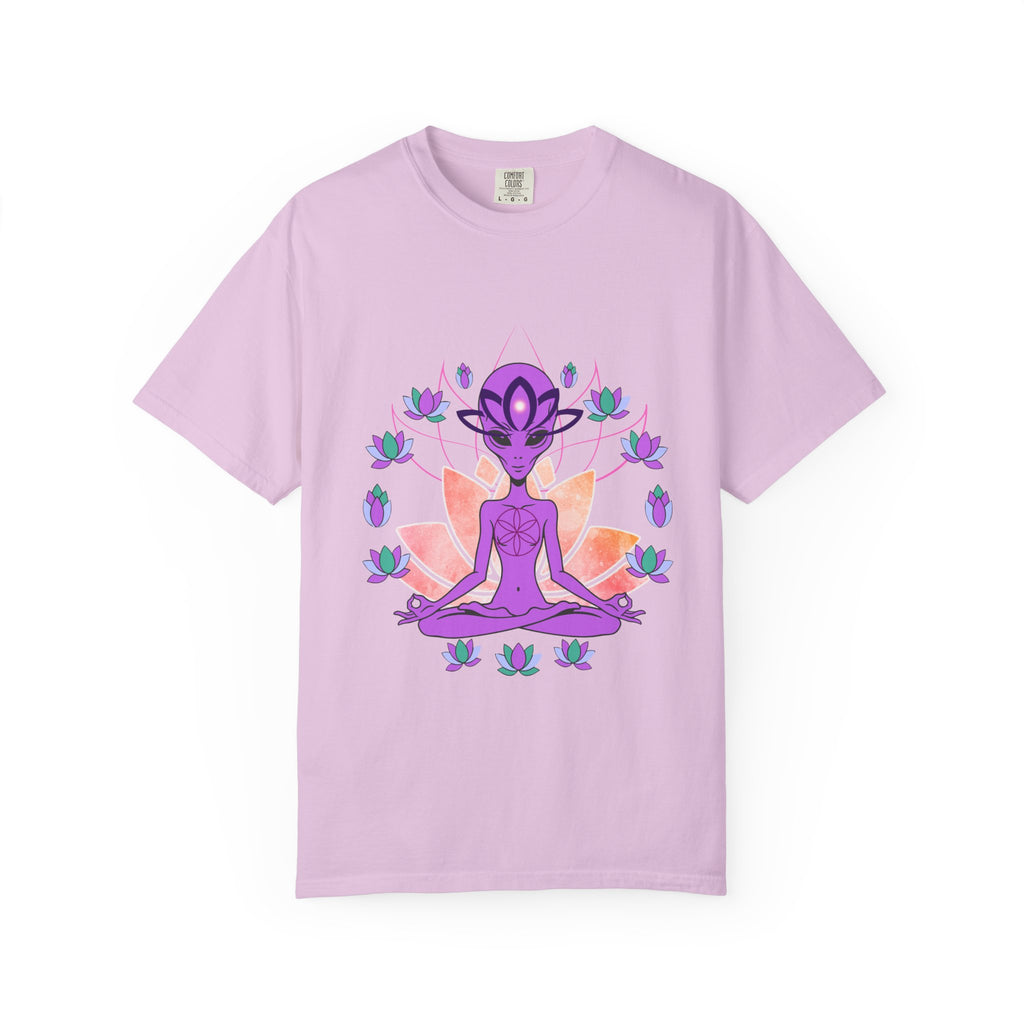 Alien Yoga T-Shirt — Purple Meditating Alien Lotus Tee