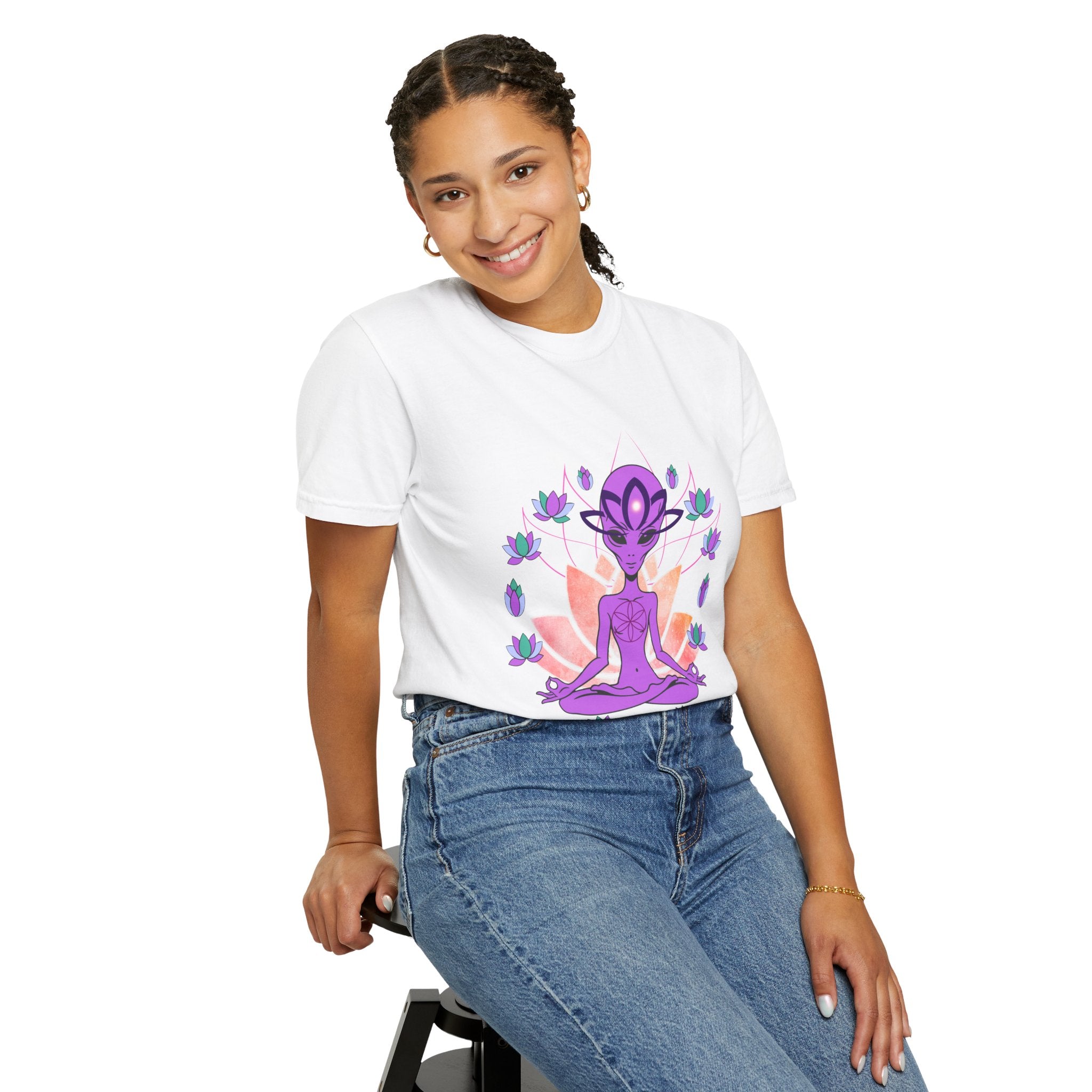 Alien Yoga T-Shirt — Purple Meditating Alien Lotus Tee
