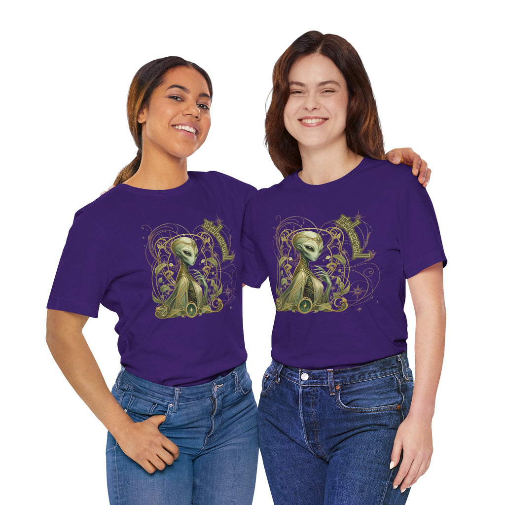 Alien Art Noveau Embrace T-Shirt — Mystical Green Alien Graphic Tee for Sci‑Fi Fans