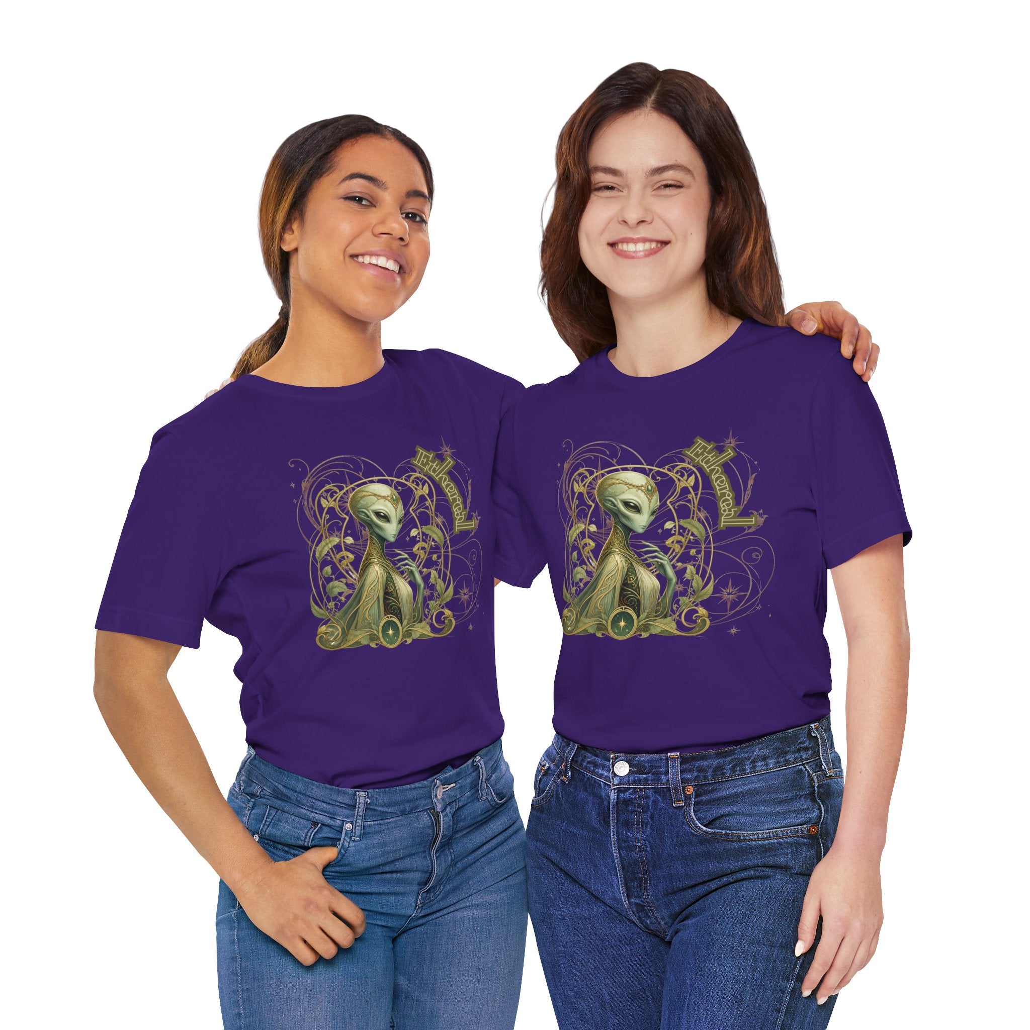 Alien Art Noveau Embrace T-Shirt — Mystical Green Alien Graphic Tee for Sci‑Fi Fans