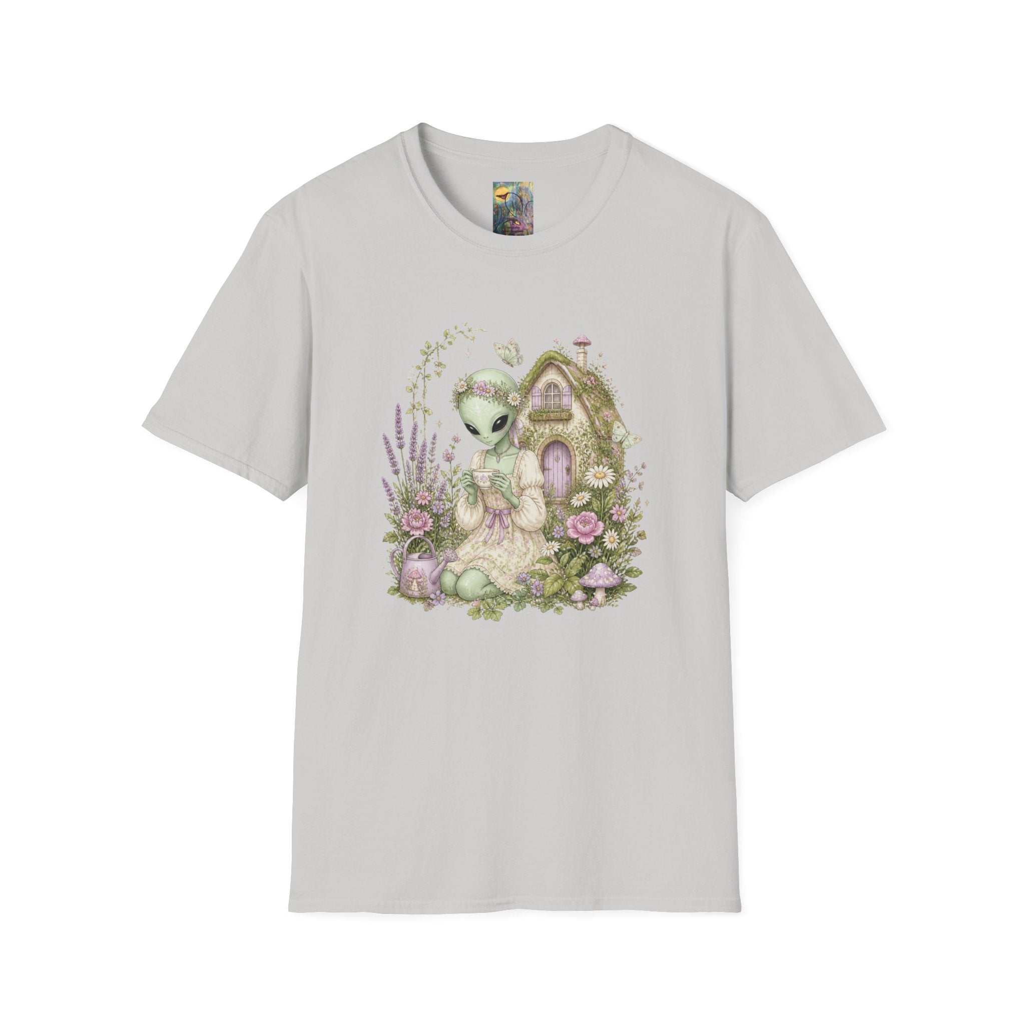 Alien Cottage Tee — Whimsical Floral Alien Garden T-Shirt