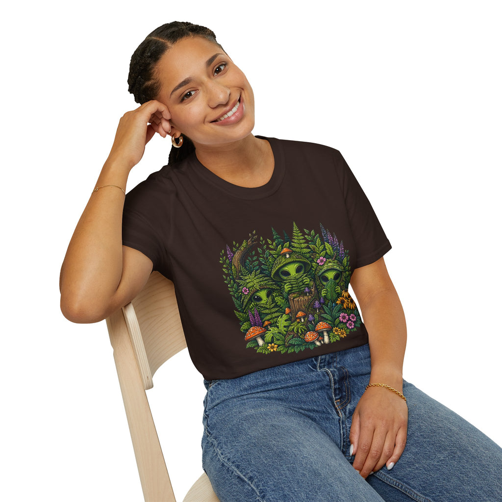 Alien Forest T-Shirt — Cute Green UFO Creatures with Mushrooms & Flowers