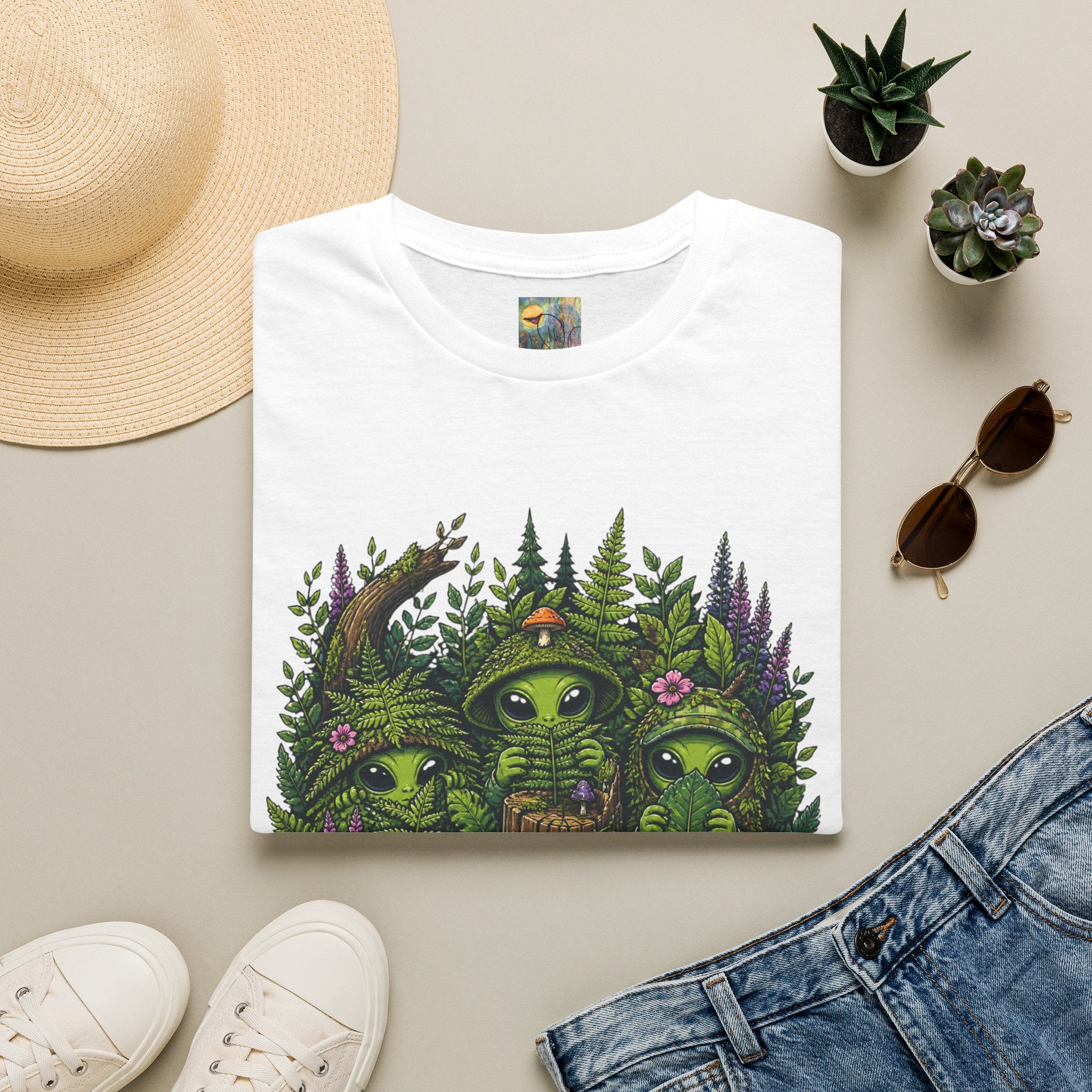 Alien Forest T-Shirt — Cute Green UFO Creatures with Mushrooms & Flowers