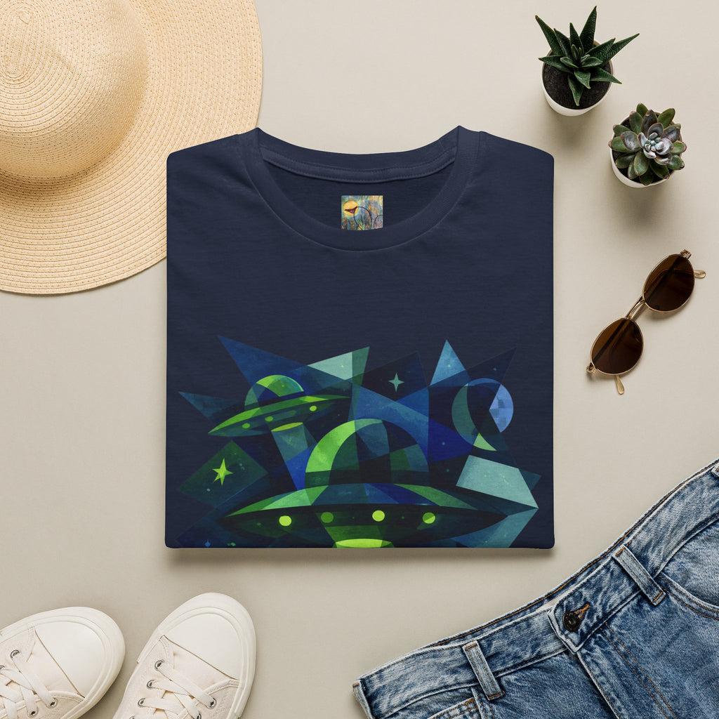 Blue & Green Cubism UFO Galaxy Geometry T‑Shirt — Neon Abstract Space Art