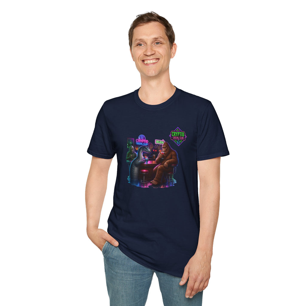 Cryptid Social Club T-Shirt — Neon Bigfoot, Loch Ness & Alien Design