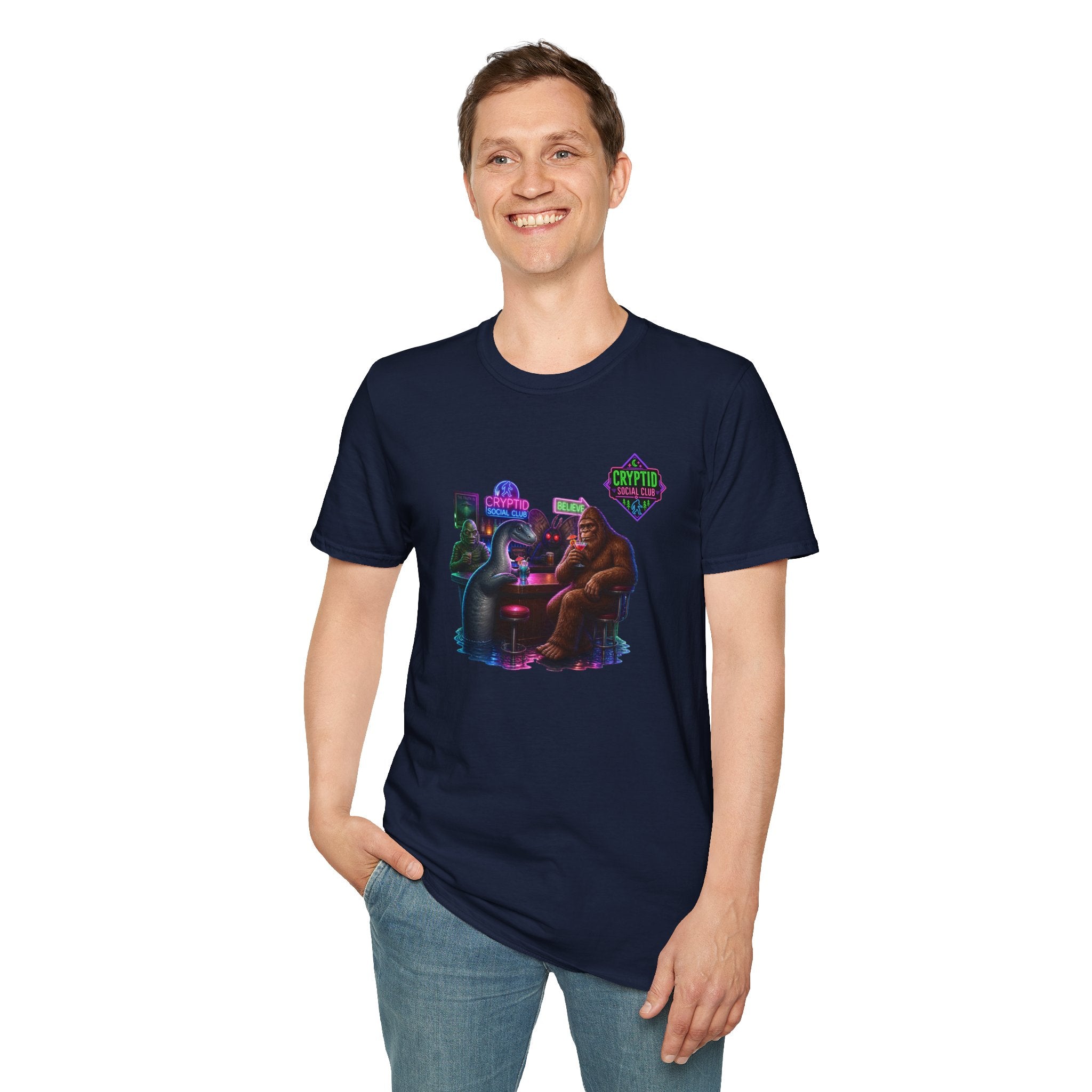 Cryptid Social Club T-Shirt — Neon Bigfoot, Loch Ness & Alien Design