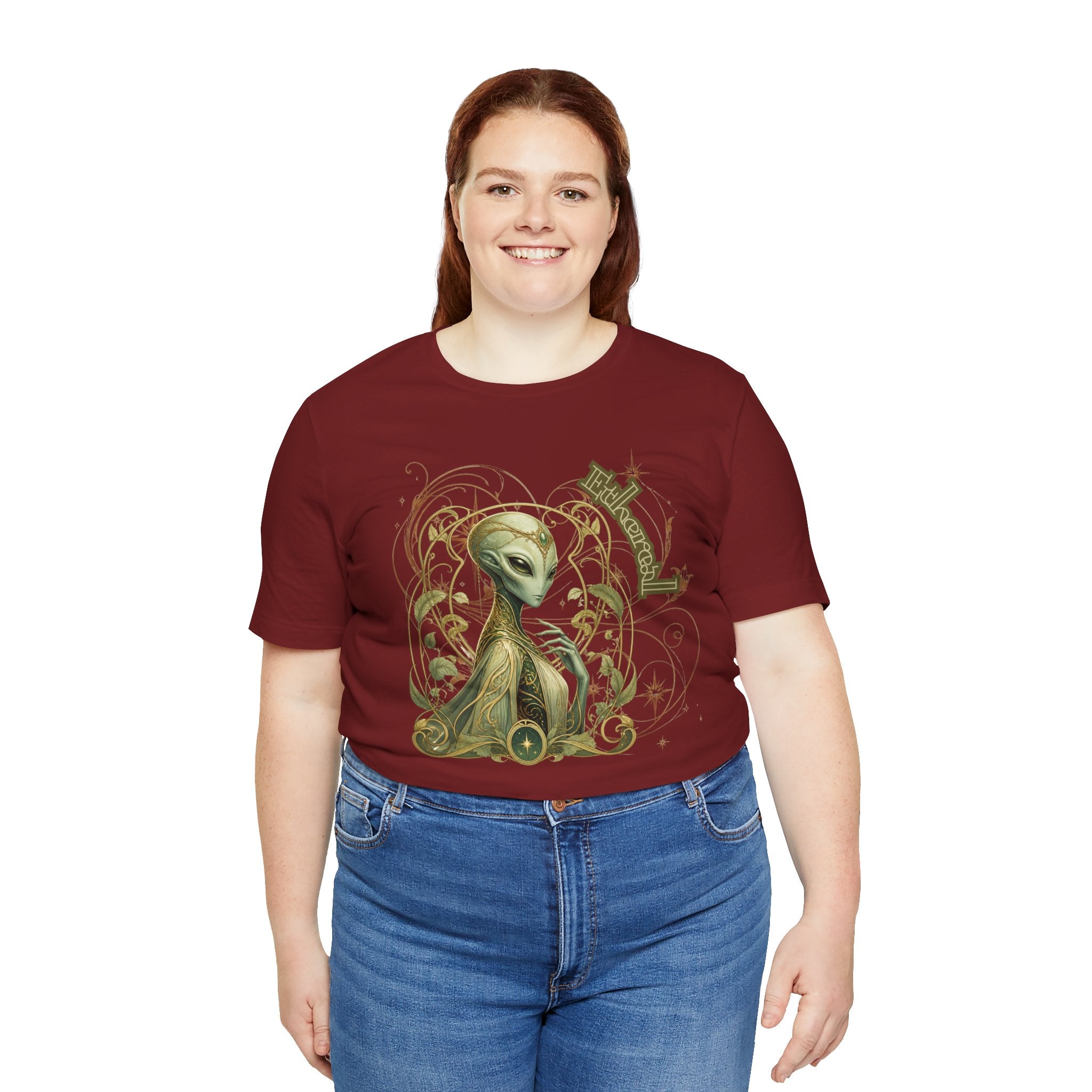 Alien Art Noveau Embrace T-Shirt — Mystical Green Alien Graphic Tee for Sci‑Fi Fans