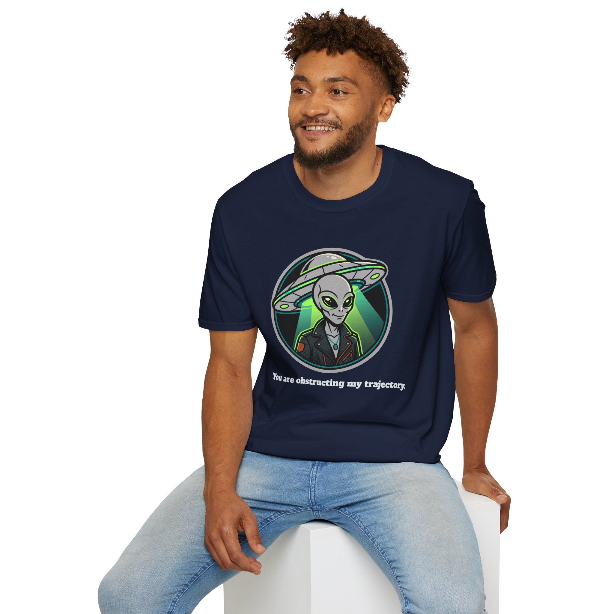 Alien UFO Graphic T-Shirt "You are blocking my trajectory" — Retro Green Extraterrestrial Design
