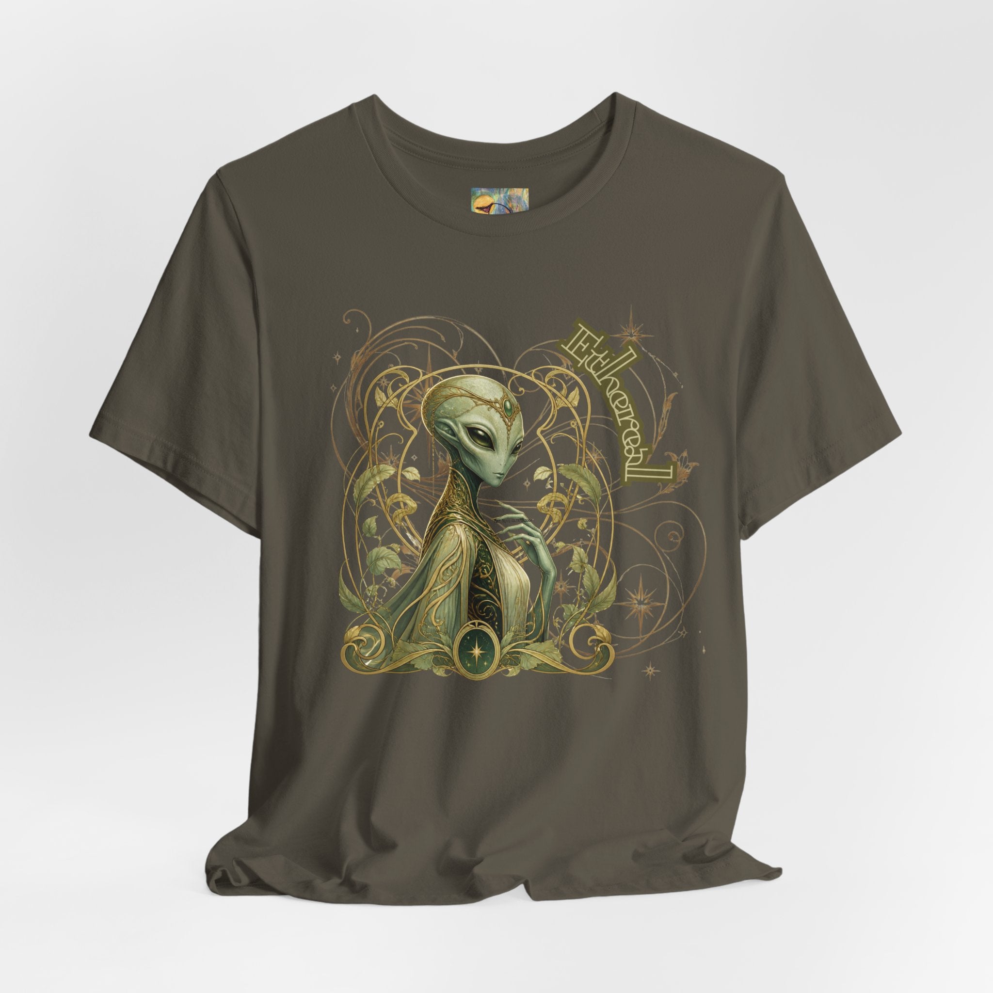 Alien Art Noveau Embrace T-Shirt — Mystical Green Alien Graphic Tee for Sci‑Fi Fans
