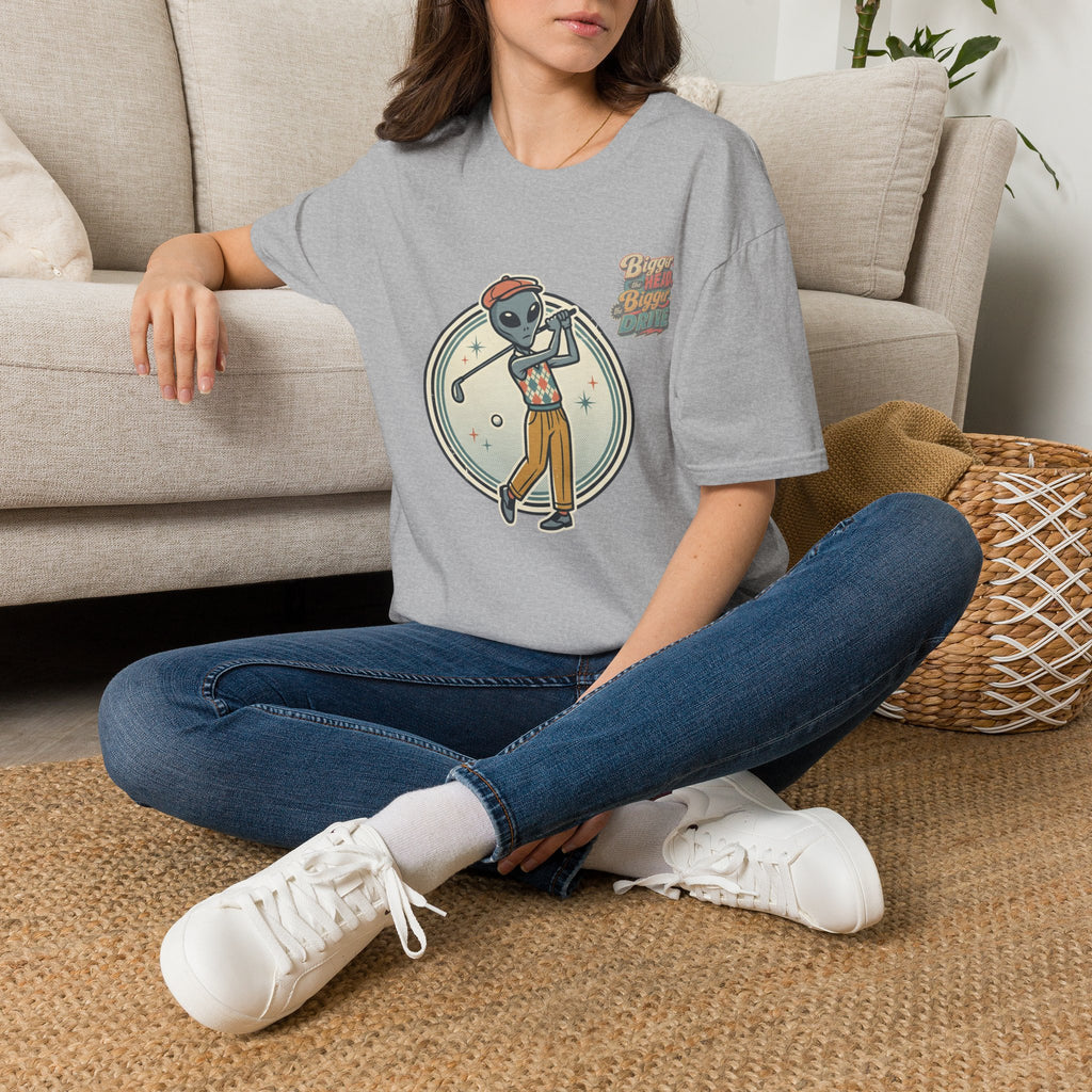 Alien Golfer T‑Shirt : The Bigger the Head, The Bigger the Drive"— Vintage Space Golf Graphic Tee