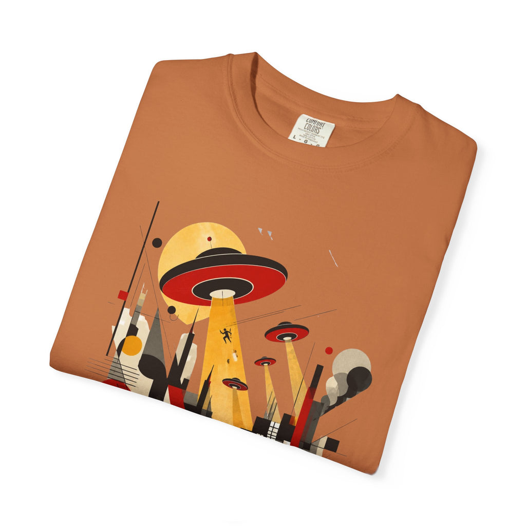 Alien Invasion Bauhaus Graphic T-Shirt — Retro Sci‑Fi Cityscape Design