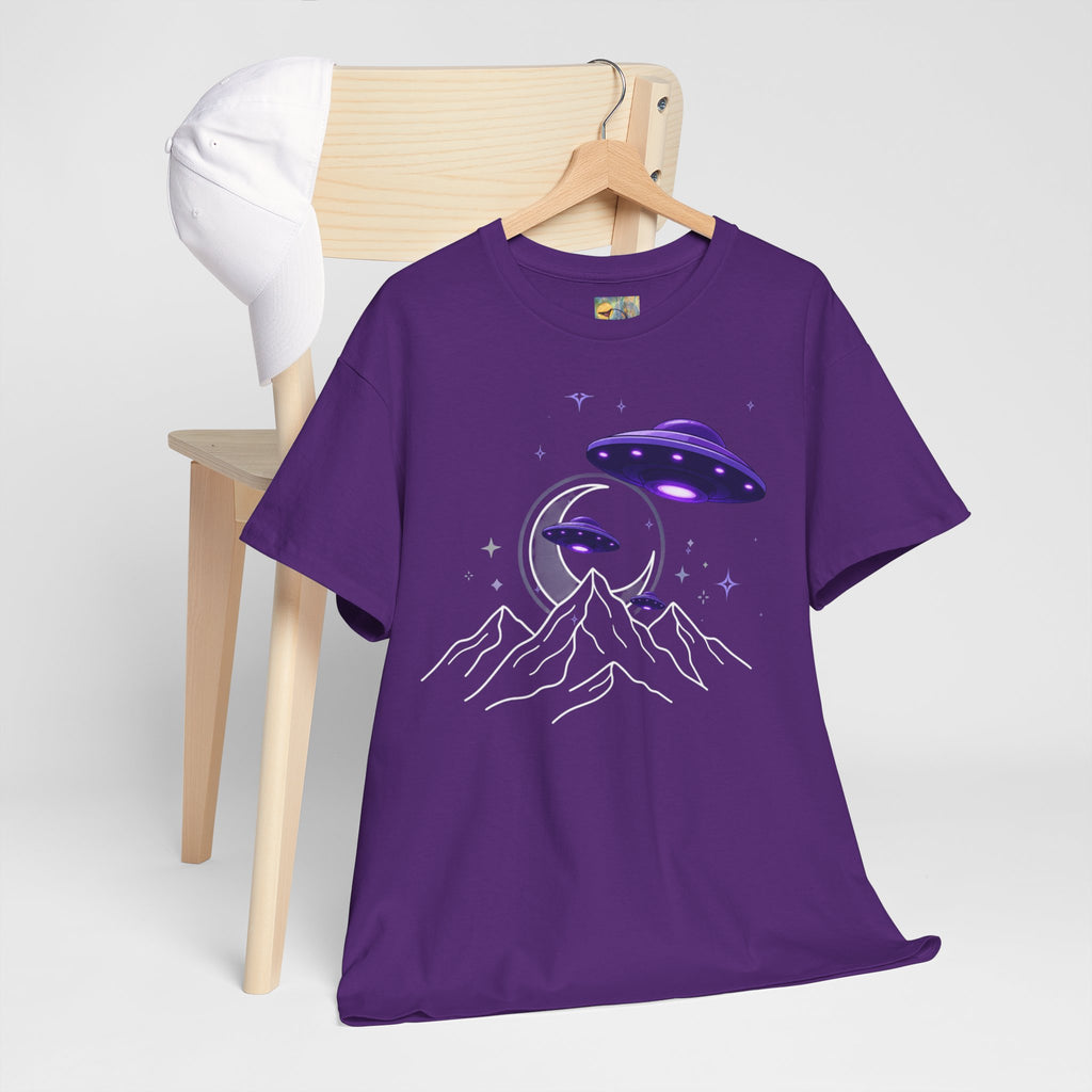 Purple UFO Alien Night Mountain T-Shirt — UFO Crescent Moon Graphic Tee