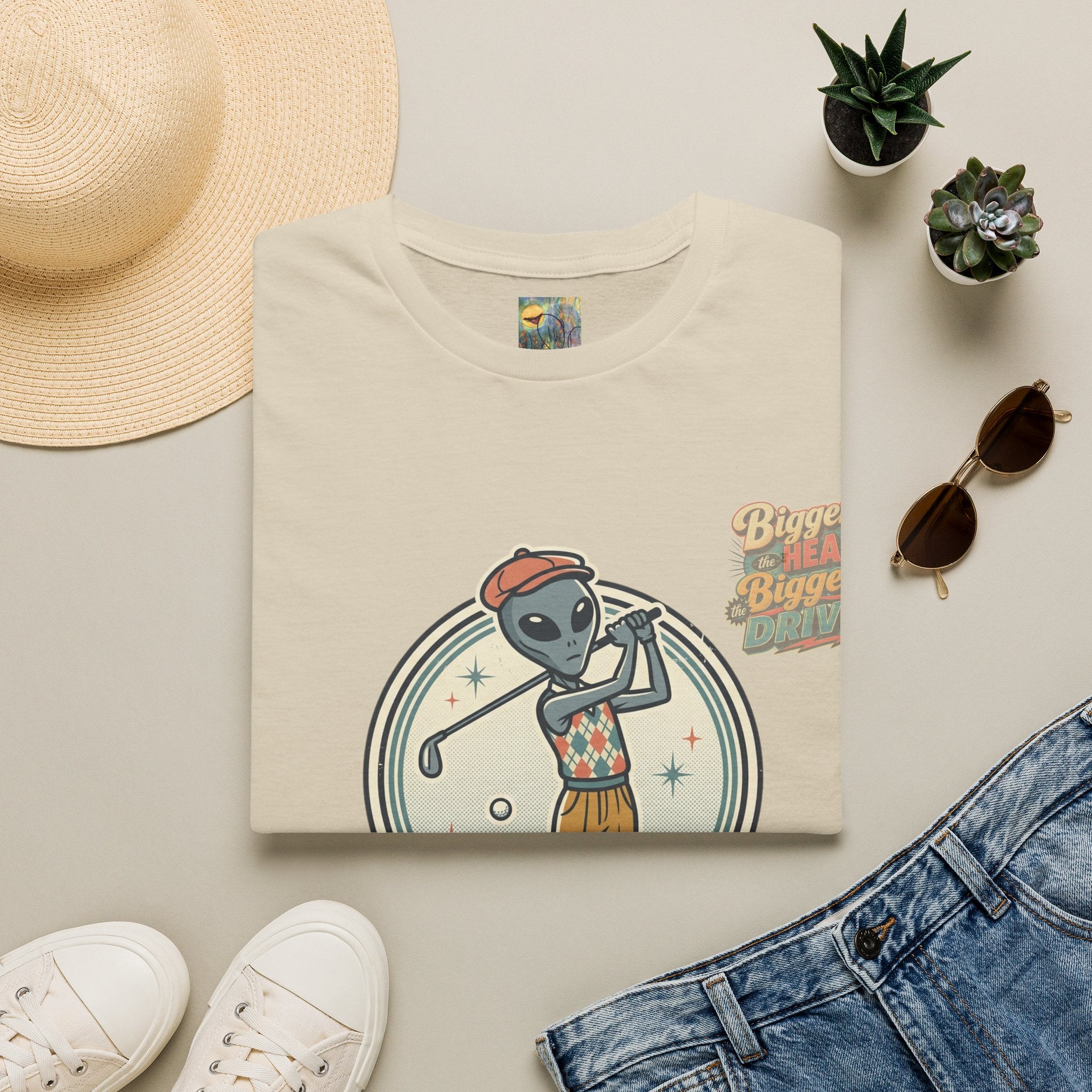 Alien Golfer T‑Shirt : The Bigger the Head, The Bigger the Drive"— Vintage Space Golf Graphic Tee