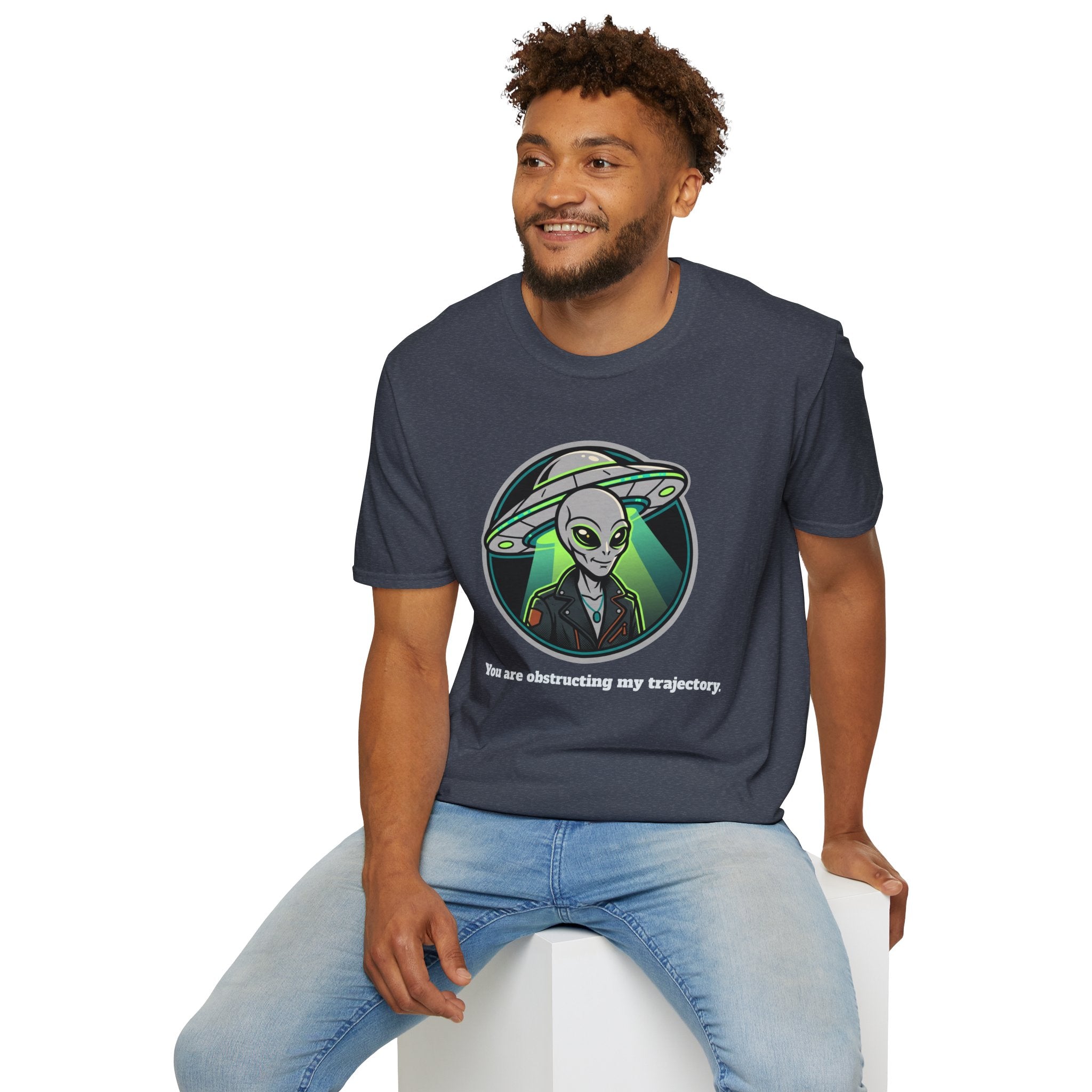Alien UFO Graphic T-Shirt "You are blocking my trajectory" — Retro Green Extraterrestrial Design