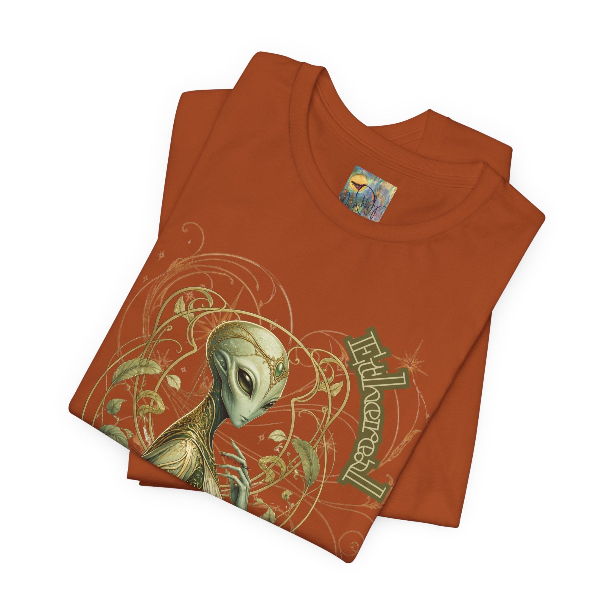Alien Art Noveau Embrace T-Shirt — Mystical Green Alien Graphic Tee for Sci‑Fi Fans