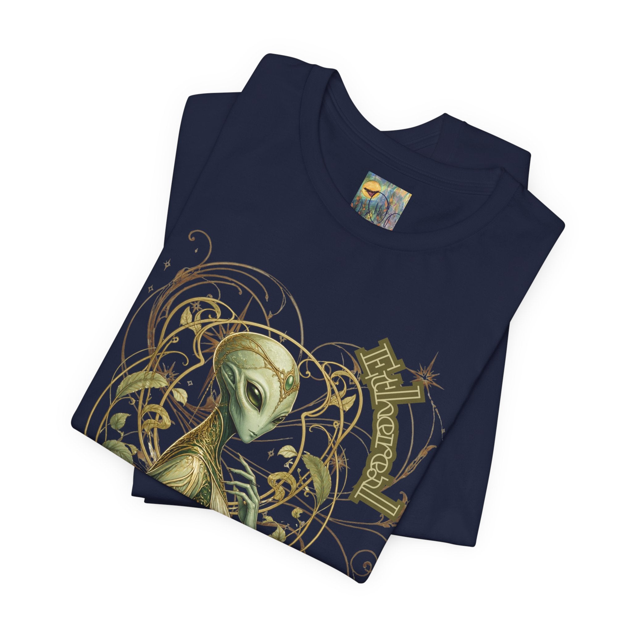 Alien Art Noveau Embrace T-Shirt — Mystical Green Alien Graphic Tee for Sci‑Fi Fans