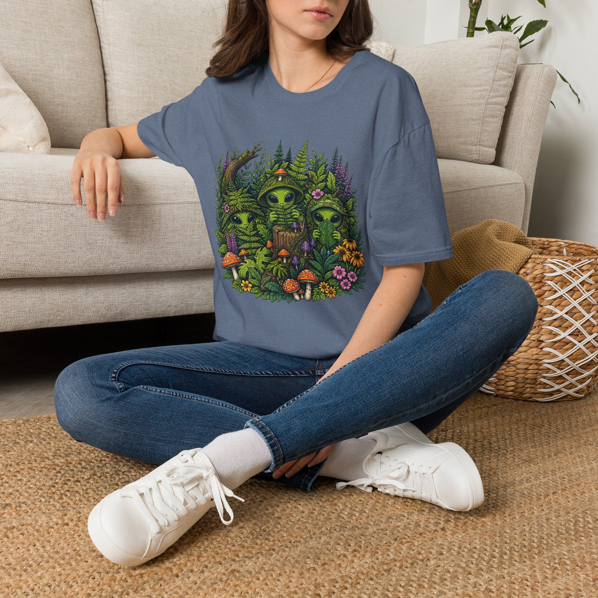 Alien Forest T-Shirt — Cute Green UFO Creatures with Mushrooms & Flowers