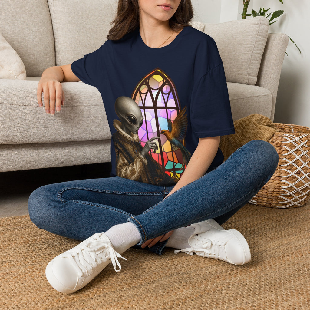 Alien Stained Glass T-Shirt — Gothic Church Window Sci‑Fi Tee