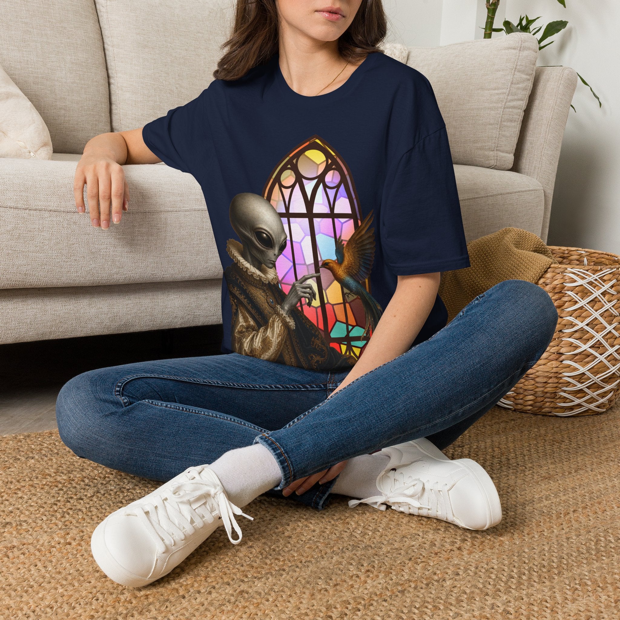 Alien Stained Glass T-Shirt — Gothic Church Window Sci‑Fi Tee