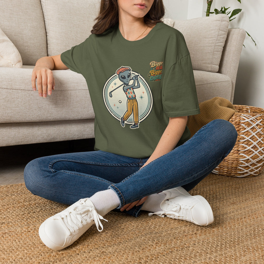 Alien Golfer T‑Shirt : The Bigger the Head, The Bigger the Drive"— Vintage Space Golf Graphic Tee