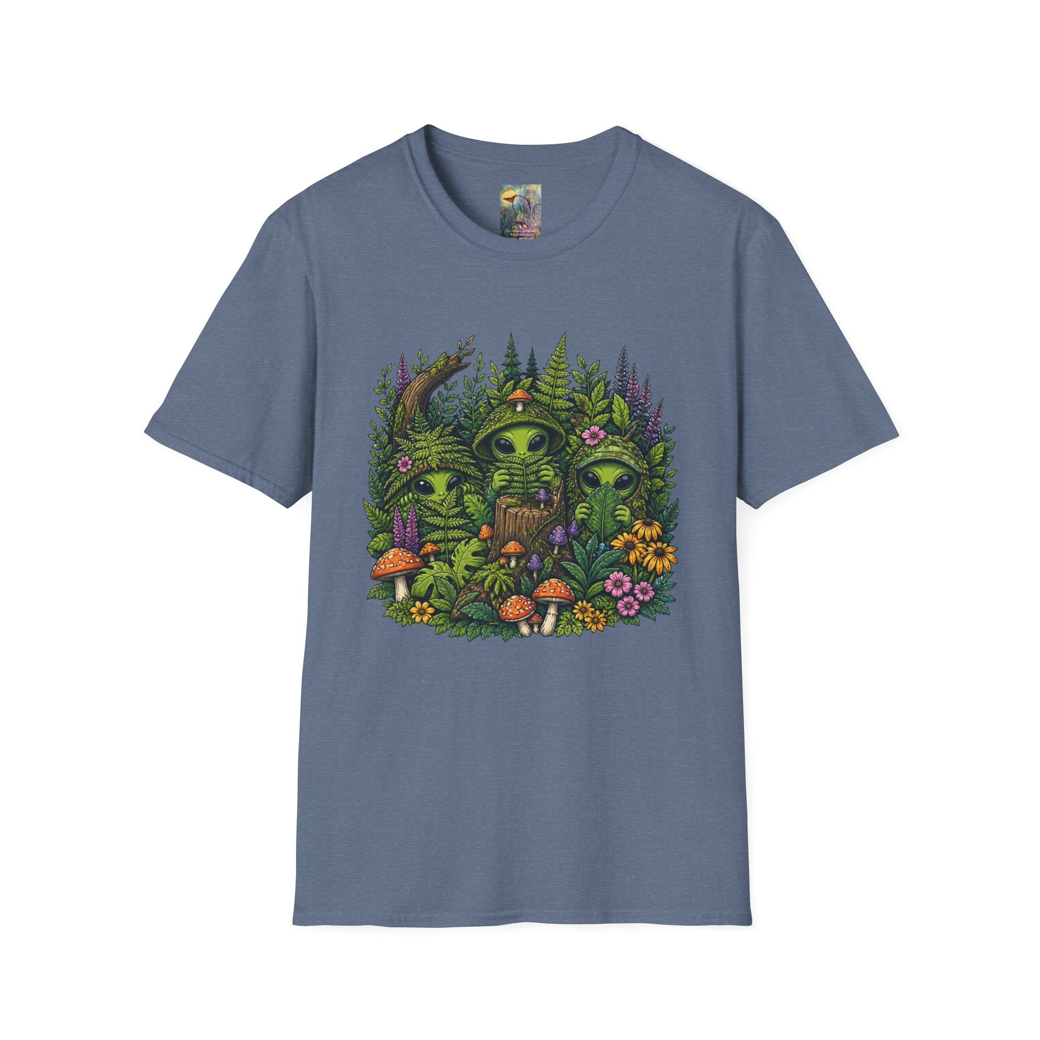 Alien Forest T-Shirt — Cute Green UFO Creatures with Mushrooms & Flowers