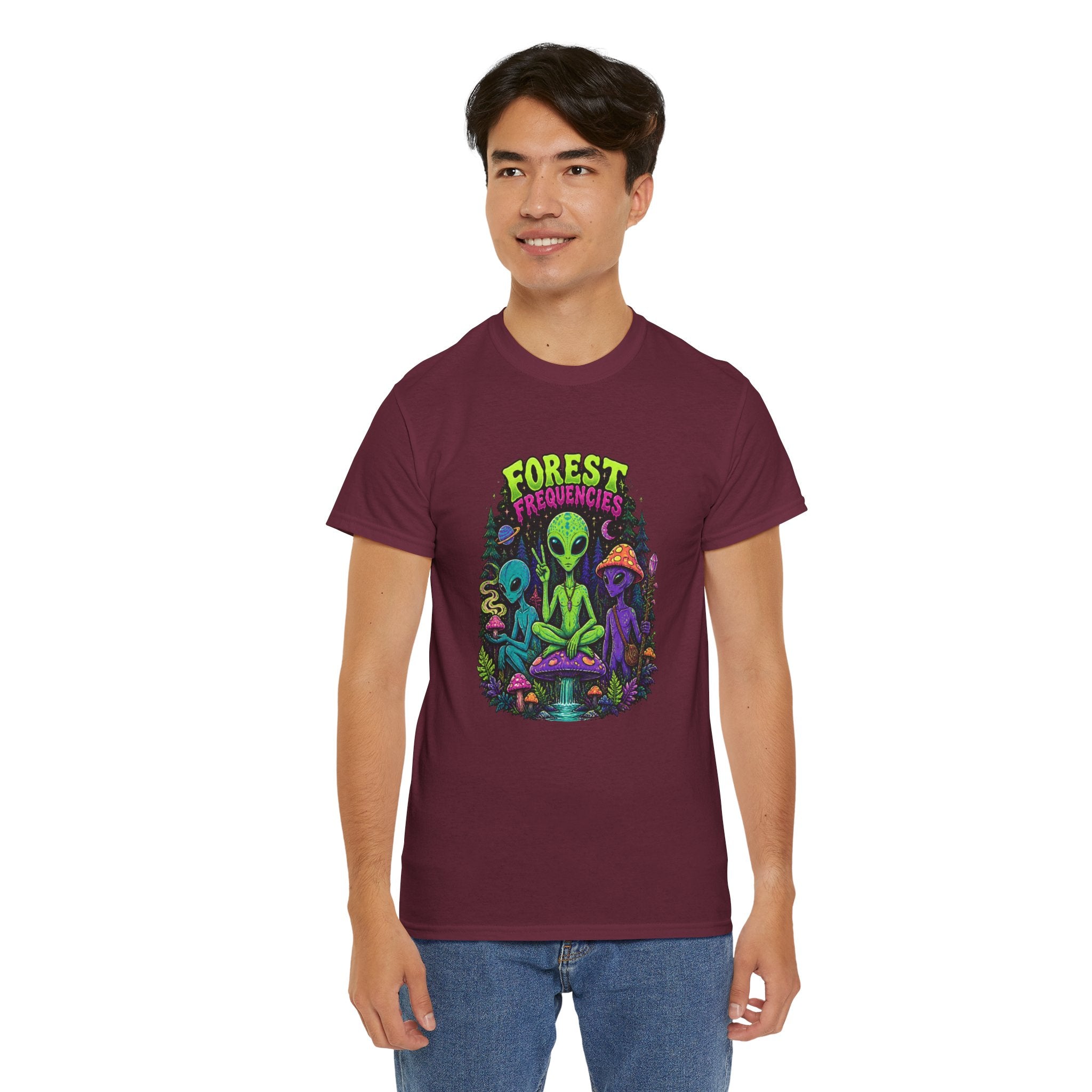 Forest Frequencies Alien T-Shirt — Psychedelic Mushroom Meditation Tee