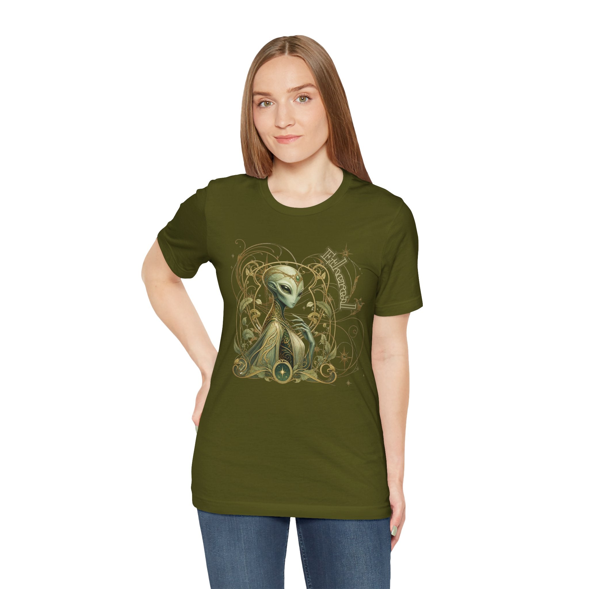 Alien Art Noveau Embrace T-Shirt — Mystical Green Alien Graphic Tee for Sci‑Fi Fans