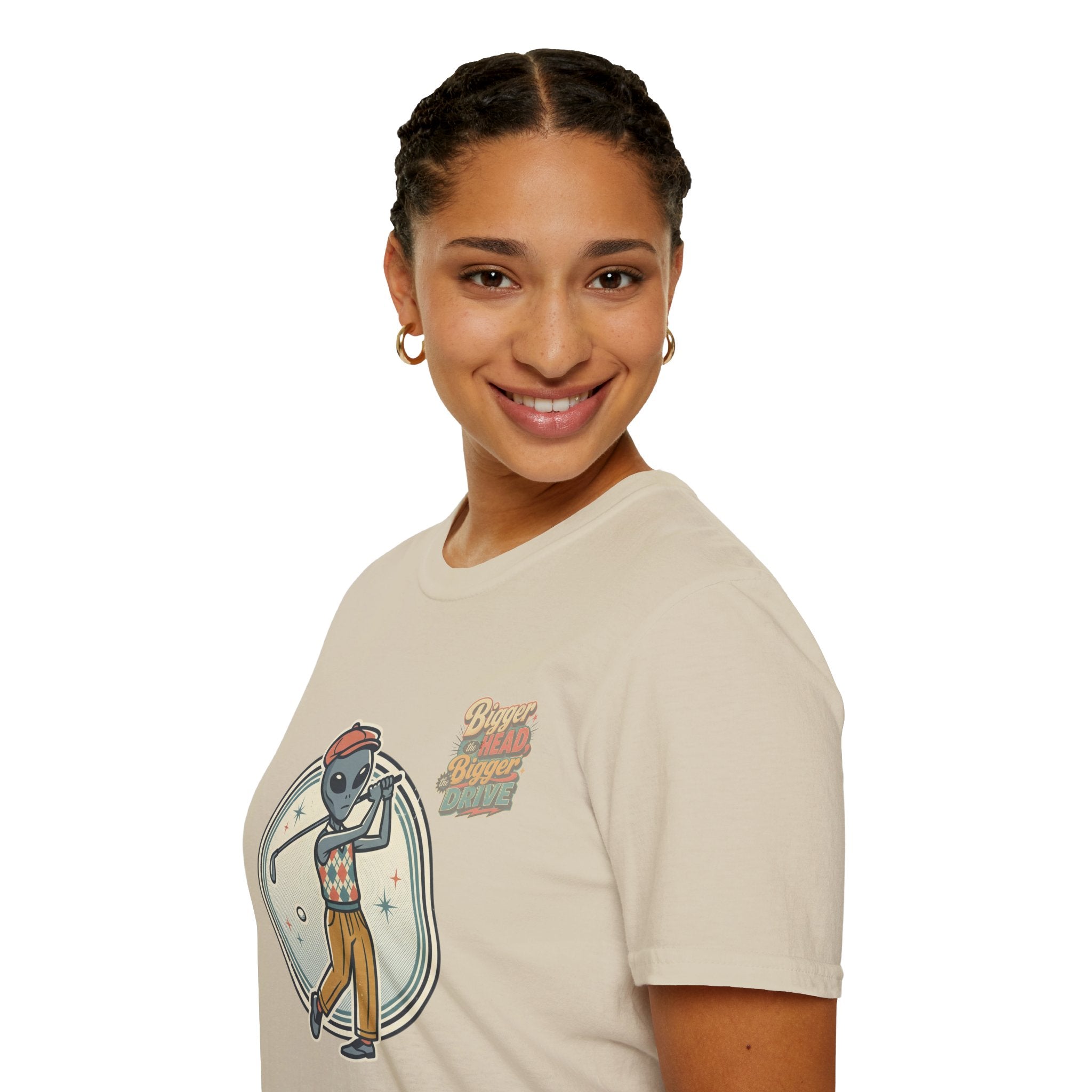 Alien Golfer T‑Shirt : The Bigger the Head, The Bigger the Drive"— Vintage Space Golf Graphic Tee