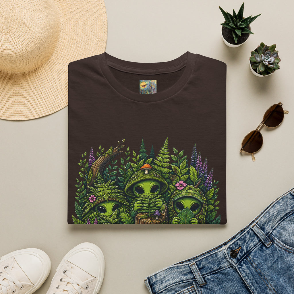 Alien Forest T-Shirt — Cute Green UFO Creatures with Mushrooms & Flowers